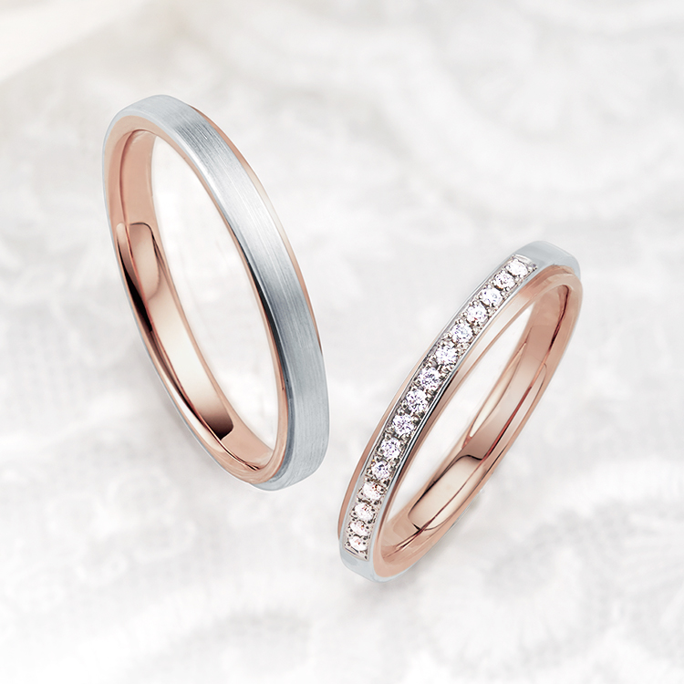 ハーフエタニティのプラチナとショコラピンクゴールドの鍛造結婚指輪